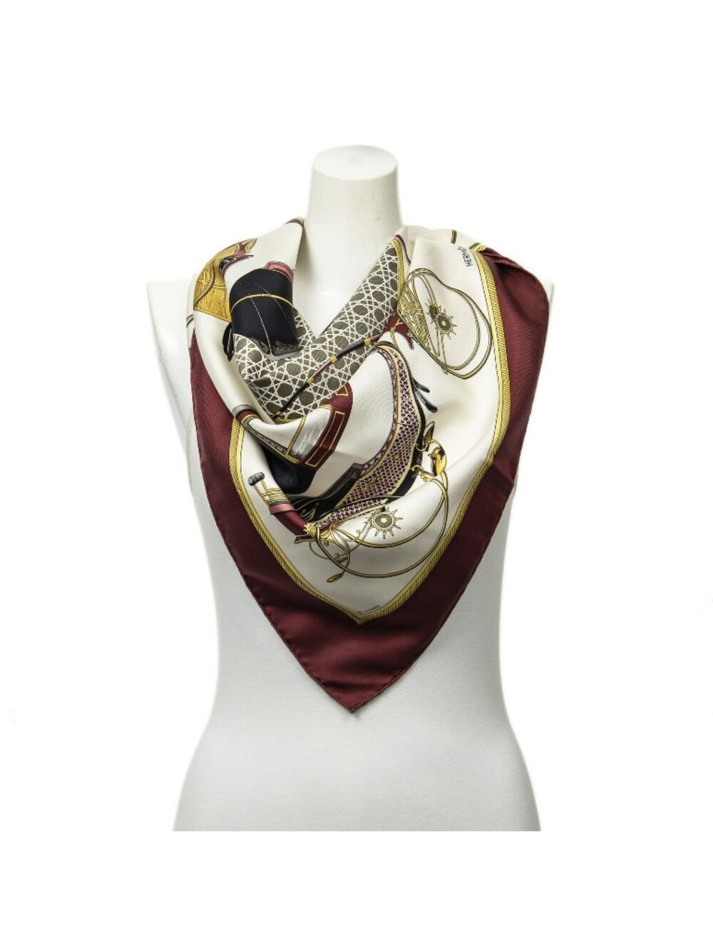 Hermes Scarf Burgundy Ivory Gold Silk